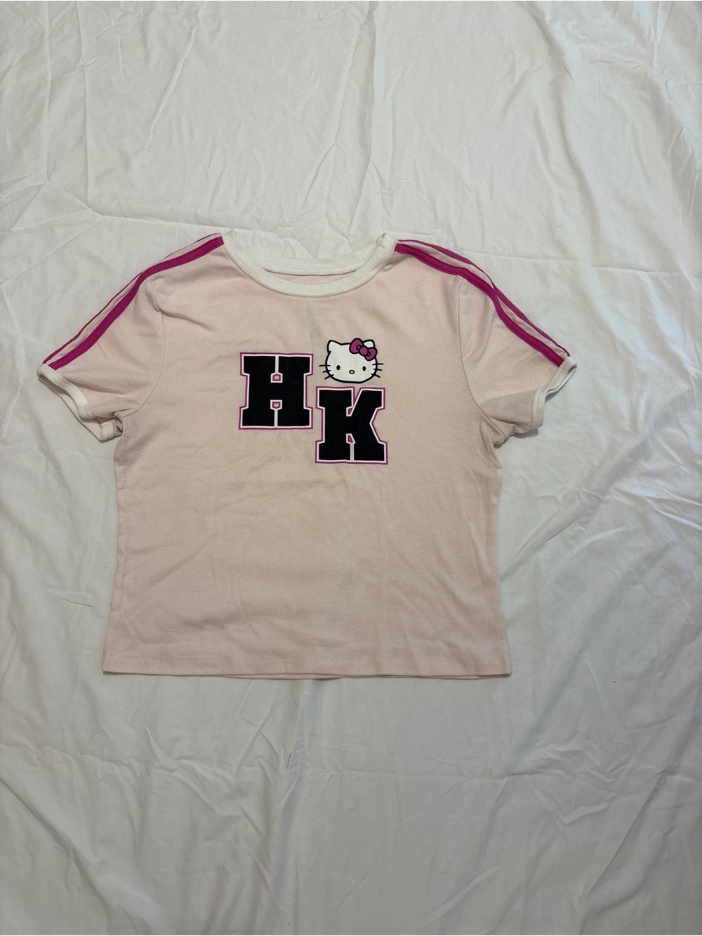 Hello Kitty Pink Womans' Graphic Tee with Contrast Stripes
